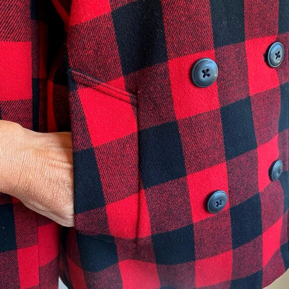 GAP Tea Plaid Buffalo Check Wool Pea Coat Size S Red Black Double Breasted Twee - Picture 4 of 11